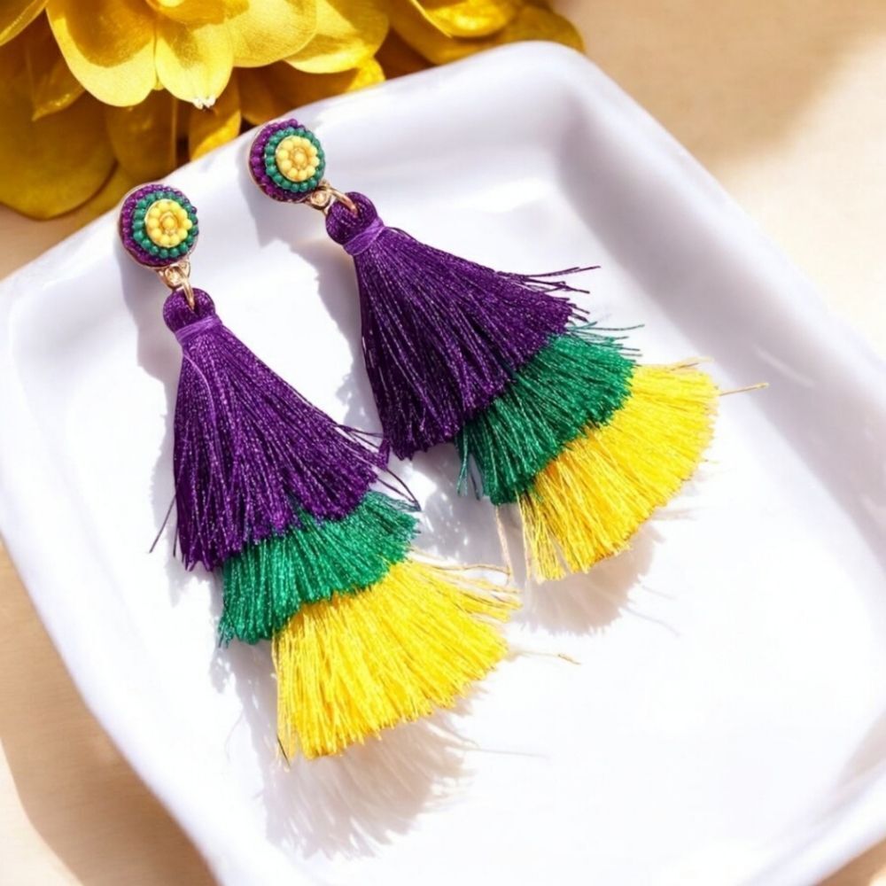 Mardi Gras Fringe Earrings Tassel Beaded Pierced Ears Jewelry Purple Gold Green